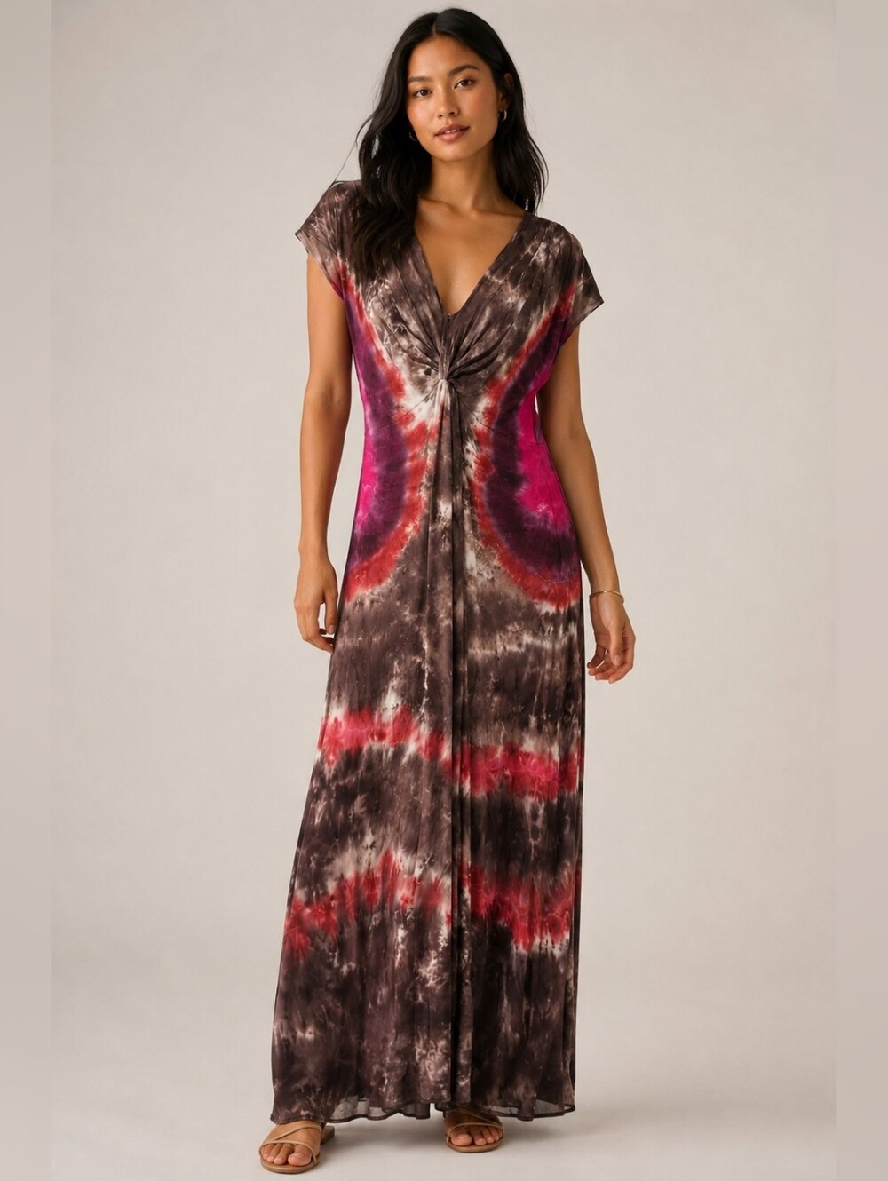❤️ YOUNG FABULOUS & BROKE V-NECK TIE DYE BOHO MAXI DRESS, LARGE